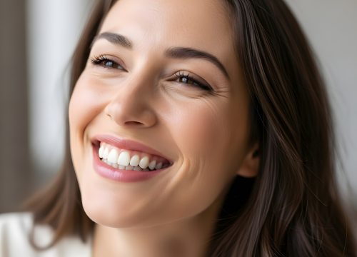 Joyful Woman Smiling in a Modern Indoor Setting