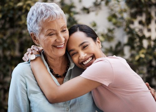 Happy, hug and portrait of a mother and woman in a garden
