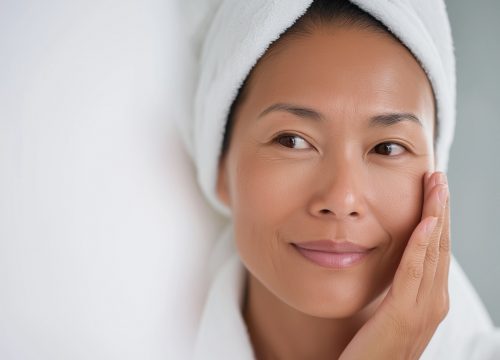 Smiling woman wrapped in white towel enjoys relaxing spa skincare treatment routine.