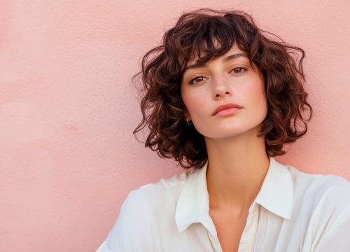 A woman posing against a light pink background