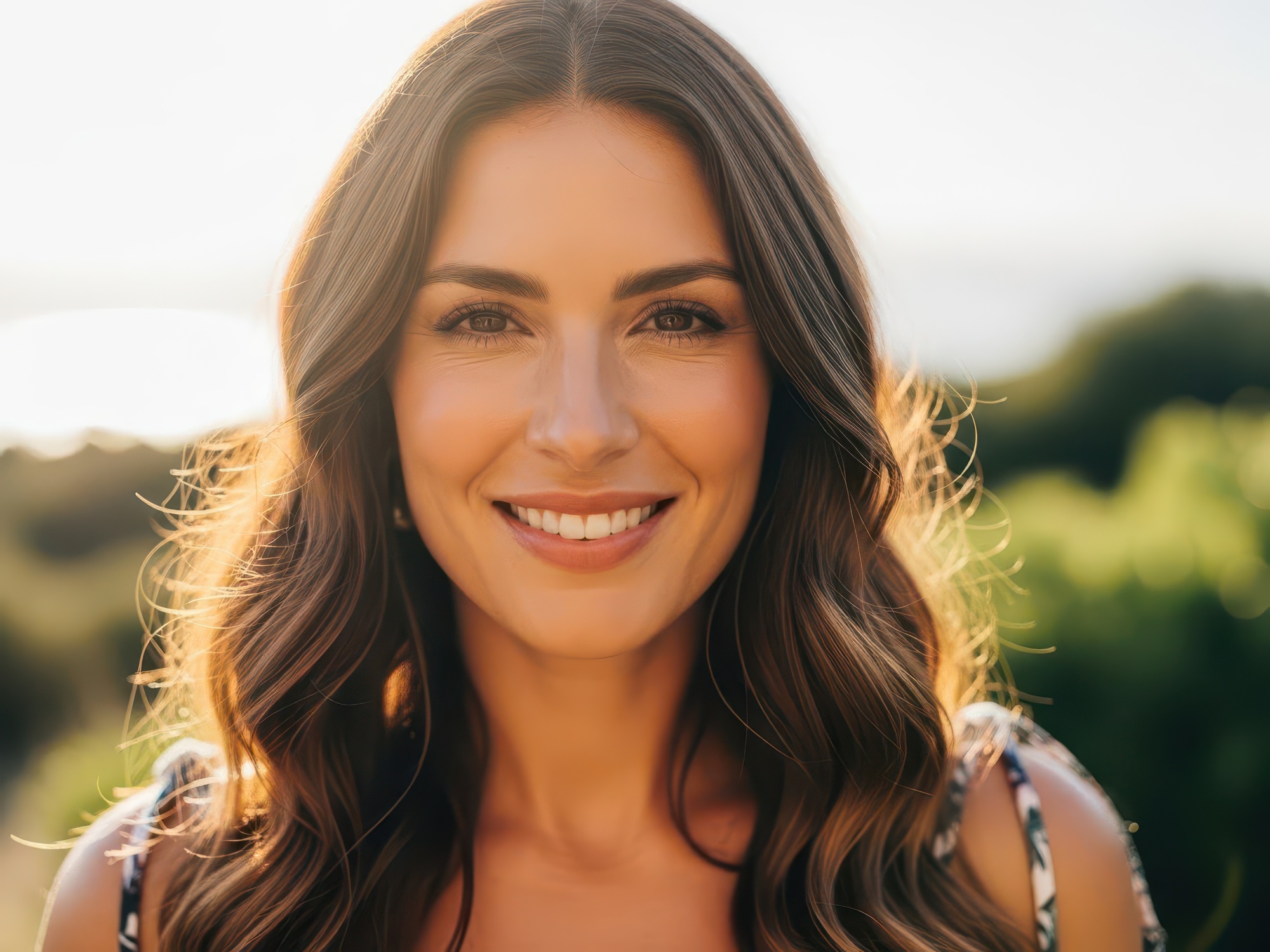 Photo of a smiling woman outside in the sun, with slight facial volume loss