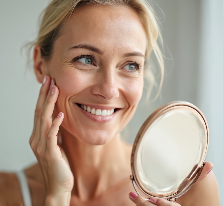 Happy middle aged woman looks at mirror touching her face.